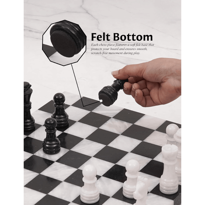 Marble Chess Set 12" Black & White with 32 Chess Pieces & 2 Extra Queens