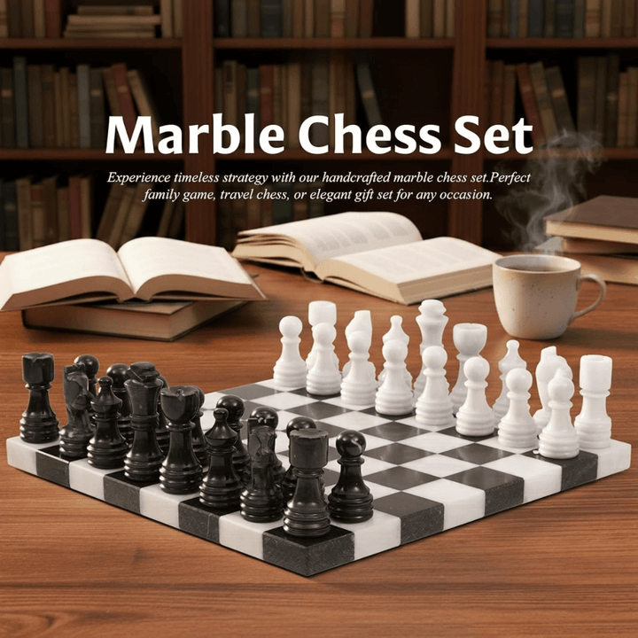 Marble Chess Set 12" Black & White with 32 Chess Pieces & 2 Extra Queens