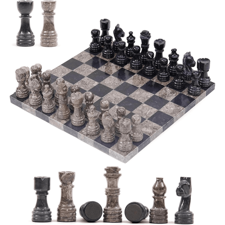 Marble Chess Set 12" Black & Oceanic with 32 Chess Pieces & 2 Extra Queens