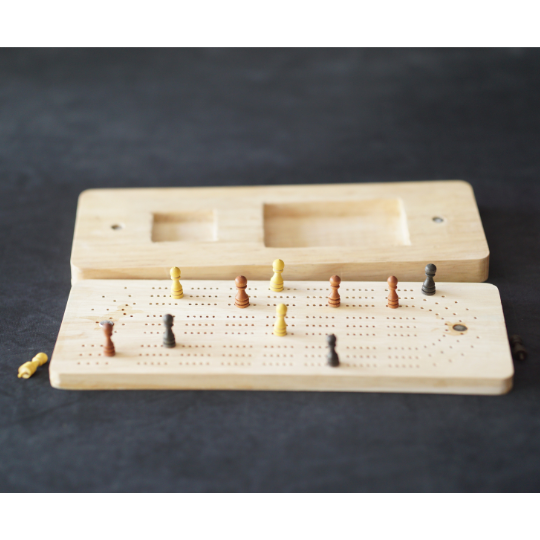 Wooden Cribbage Board 3 player - Canadian maple with Beach Wave Theme with Wooden Pegs