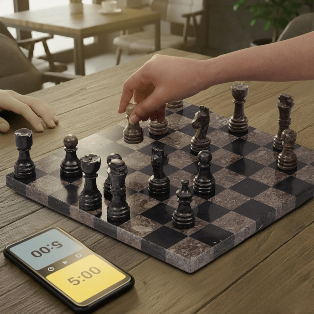 Marble Chess Set 12" Black & Oceanic with 32 Chess Pieces & 2 Extra Queens