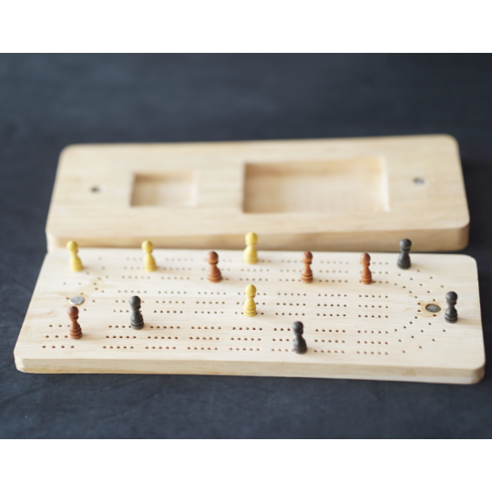 Wooden Cribbage Board 3 player - Canadian maple with Beach Wave Theme with Wooden Pegs