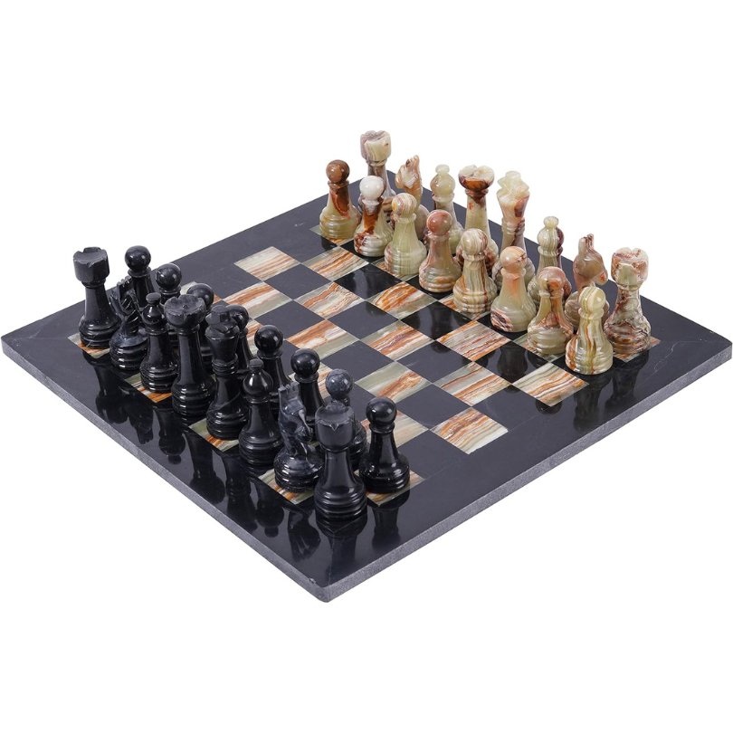 Marble Chess Set 12 Inches Black & Multi Green