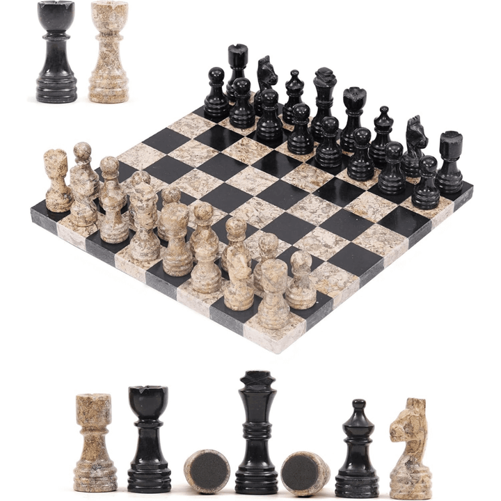 Marble Chess Set 12" Black & Coral with 32 Chess Pieces & 2 Extra Queens - Chess'n'Boards