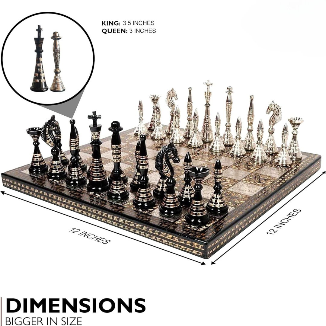 Solid Brass Metal Tribal Artwork Warli Luxury Chess Pieces & Board Set- 12"