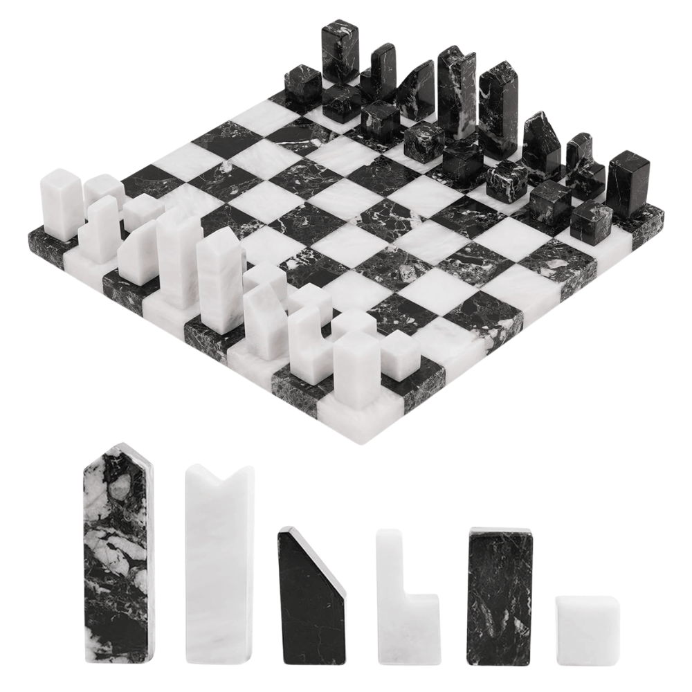 Modern Marble Chess Set 12" Black & White with Borderless board