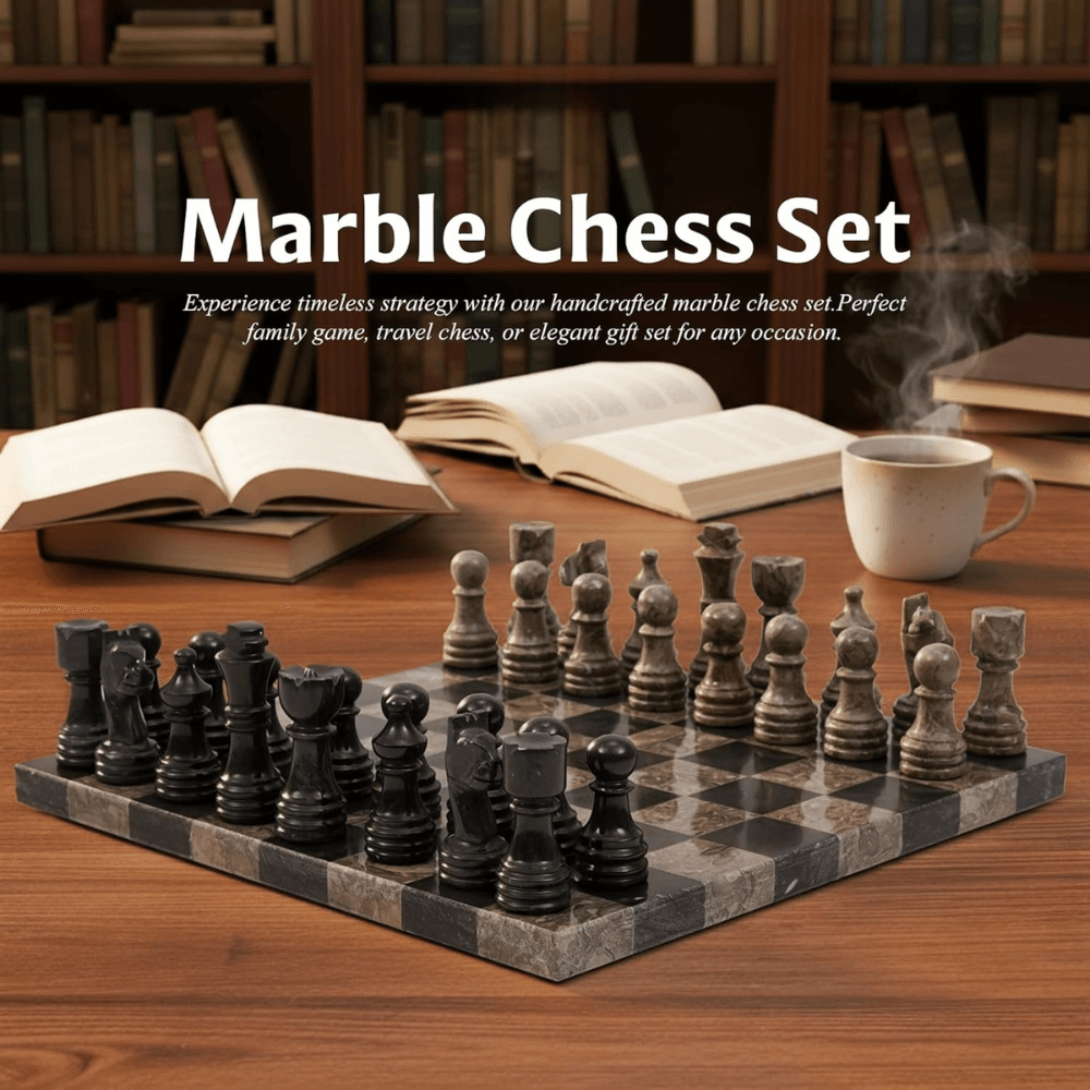 Marble Chess Set 12" Black & Oceanic with 32 Chess Pieces & 2 Extra Queens
