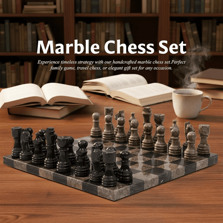 Marble Chess Set 12" Black & Oceanic with 32 Chess Pieces & 2 Extra Queens