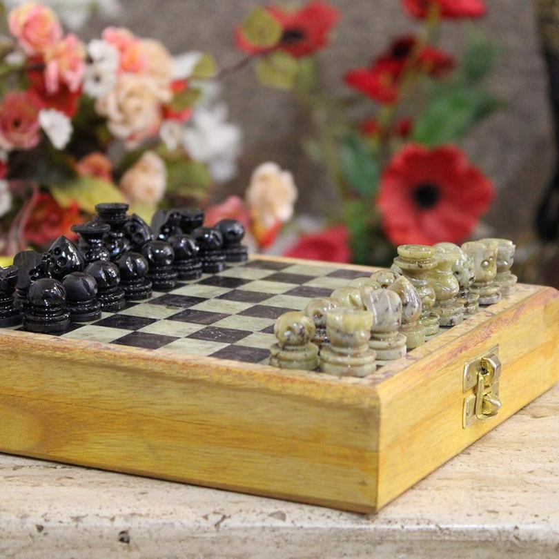 Marble Chess Set: Stone Chess Board with Wooden Base