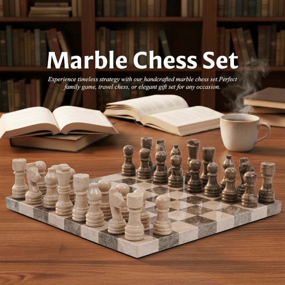 Marble Chess Set 12" Oceanic & Verona with 32 Chess Pieces & 2 Extra Queens