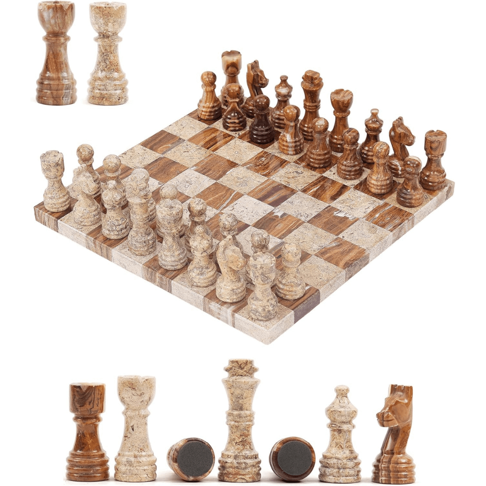 Marble Chess Set 12" Red & Coral with 32 Chess Pieces & 2 Extra Queens - Chess'n'Boards