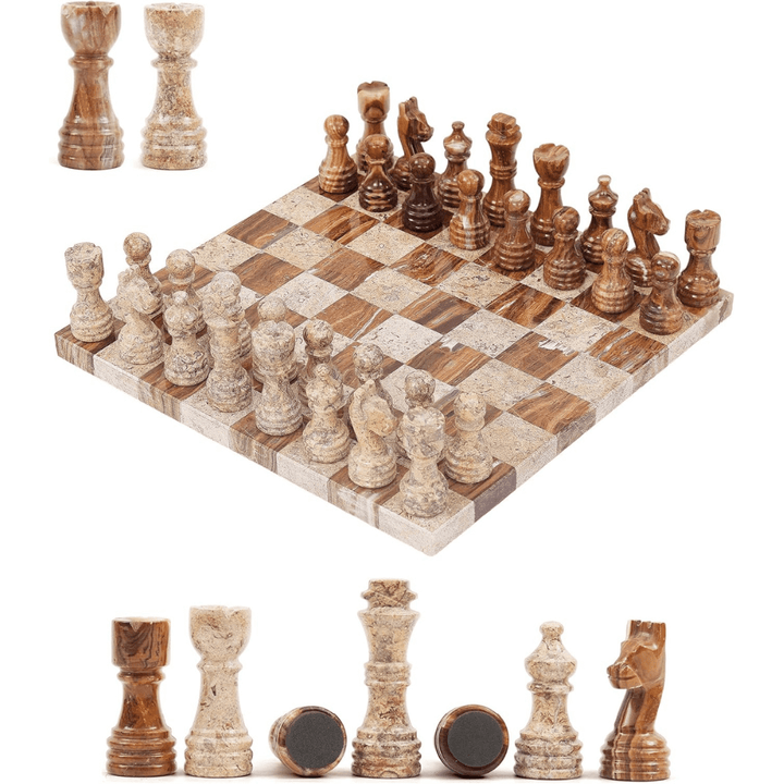 Marble Chess Set 12" Red & Coral with 32 Chess Pieces & 2 Extra Queens - Chess'n'Boards