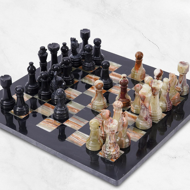 Marble Chess Set 12 Inches Black & Multi Green