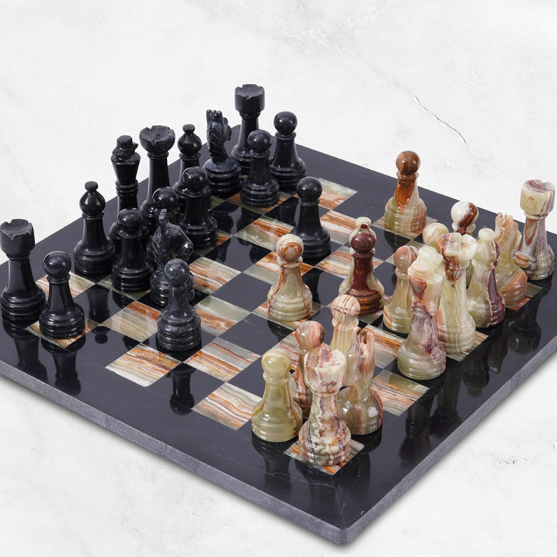 Marble Chess Set 12 Inches Black & Multi Green