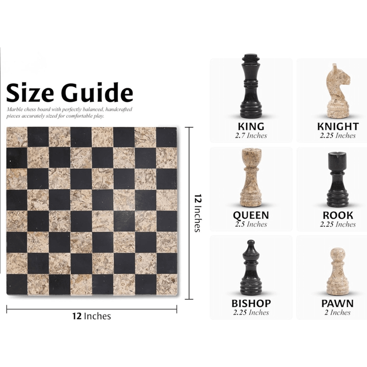 Marble Chess Set 12" Black & Coral with 32 Chess Pieces & 2 Extra Queens - Chess'n'Boards