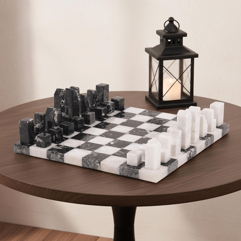 Modern Marble Chess Set 12" Black & White with Borderless board