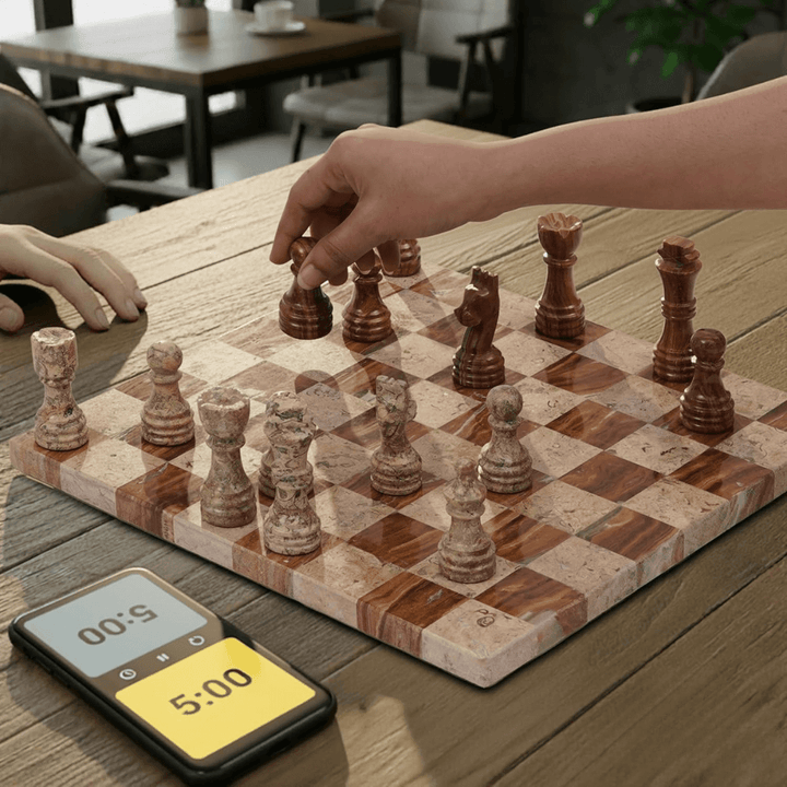Marble Chess Set 12" Red & Coral with 32 Chess Pieces & 2 Extra Queens - Chess'n'Boards