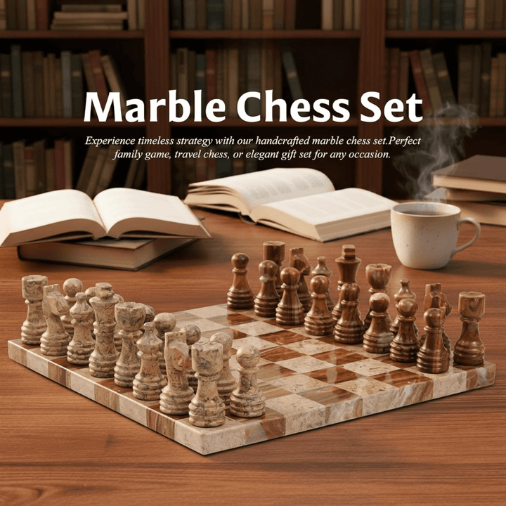 Marble Chess Set 12" Red & Coral with 32 Chess Pieces & 2 Extra Queens - Chess'n'Boards