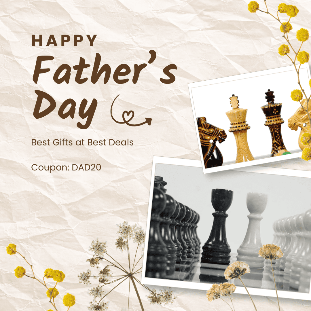 Father's Day promotional graphic with chess pieces and flowers on a textured background.
