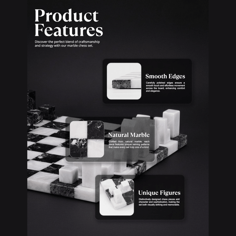 Modern Marble Chess Set 12" Black & White with Borderless board