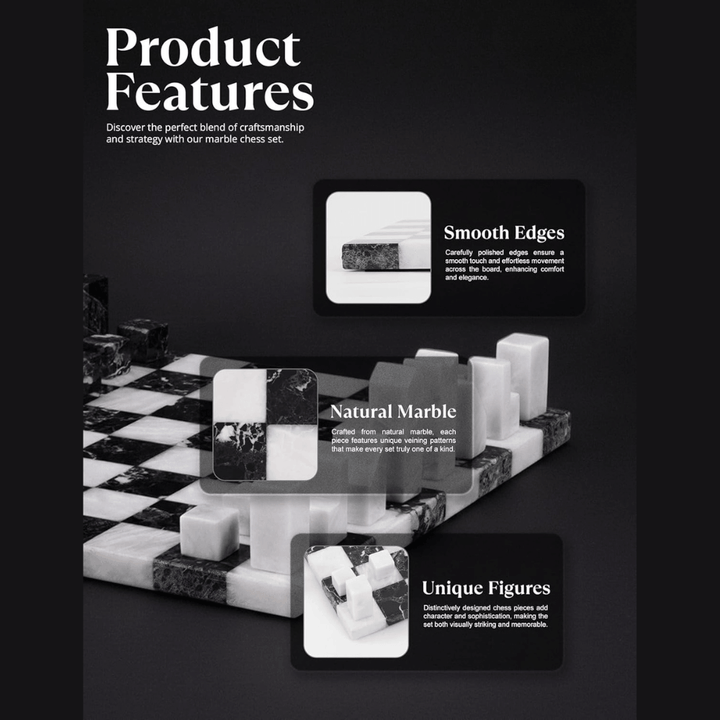 Modern Marble Chess Set 12" Black & White with Borderless board