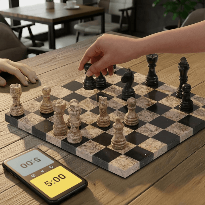 Marble Chess Set 12" Black & Coral with 32 Chess Pieces & 2 Extra Queens - Chess'n'Boards