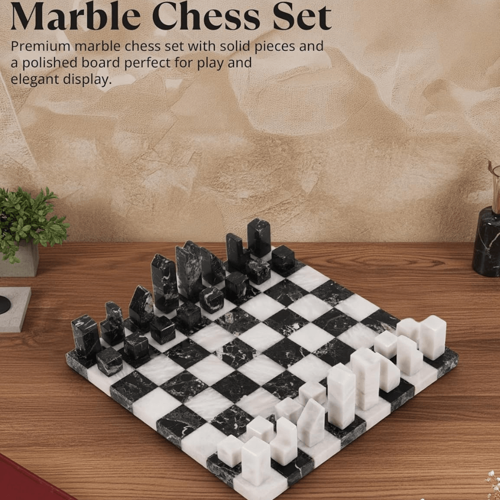 Modern Marble Chess Set 12" Black & White with Borderless board
