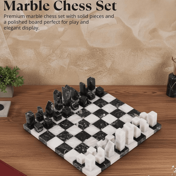 Modern Marble Chess Set 12" Black & White with Borderless board