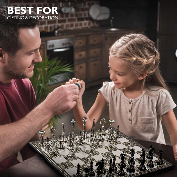 Solid Brass Metal Tribal Artwork Warli Luxury Chess Pieces & Board Set- 12"