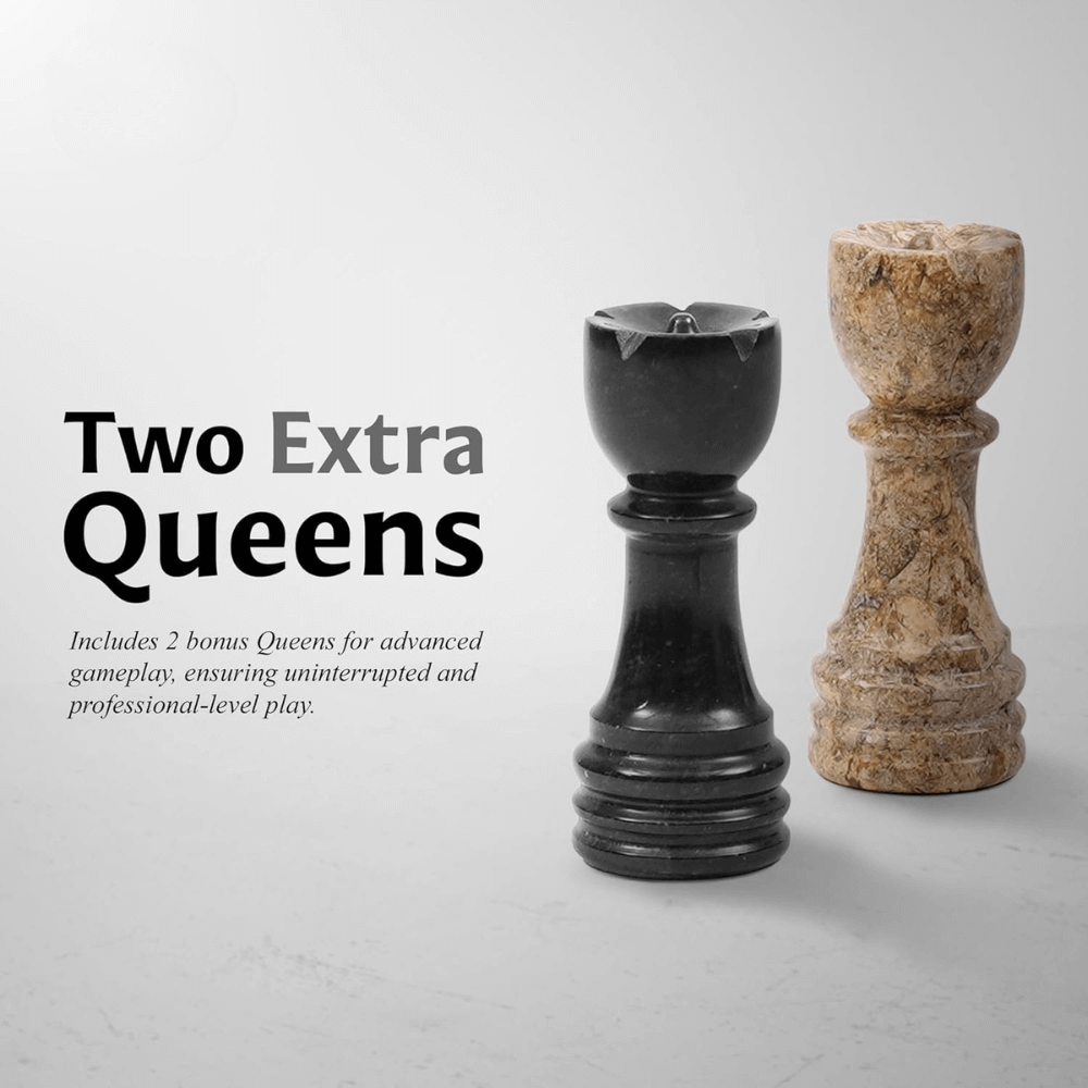 Marble Chess Set 12" Black & Coral with 32 Chess Pieces & 2 Extra Queens - Chess'n'Boards