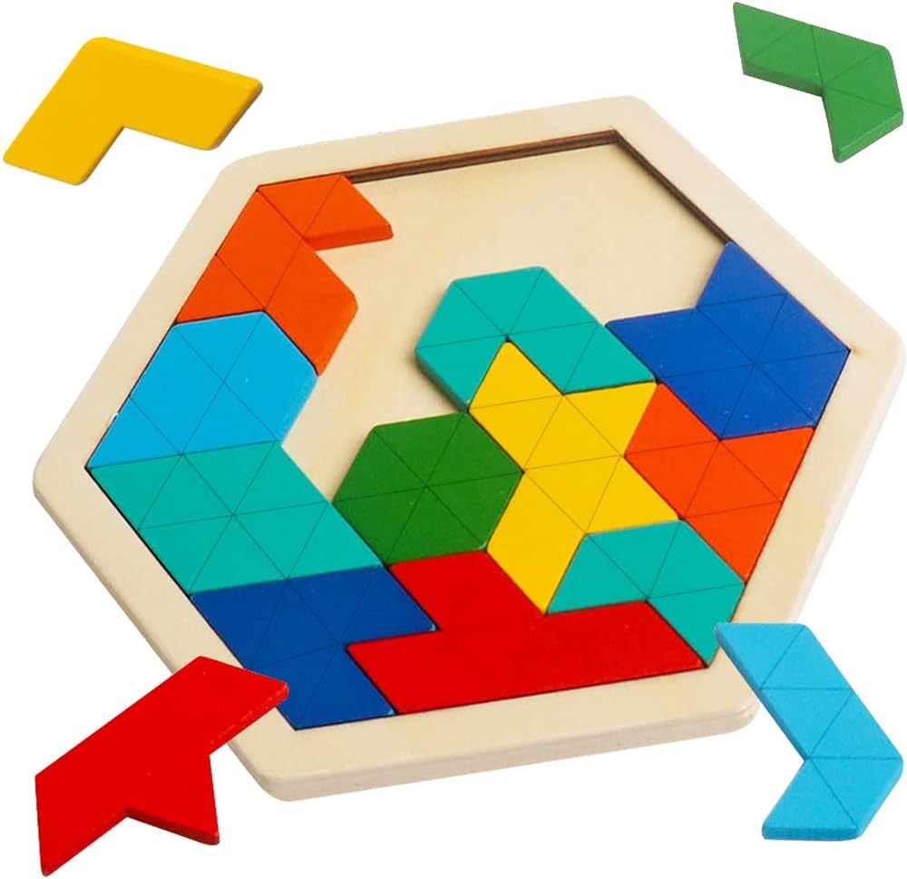 Wooden Hexagon Puzzle for Kids Brain Teaser Blocks Puzzles Games