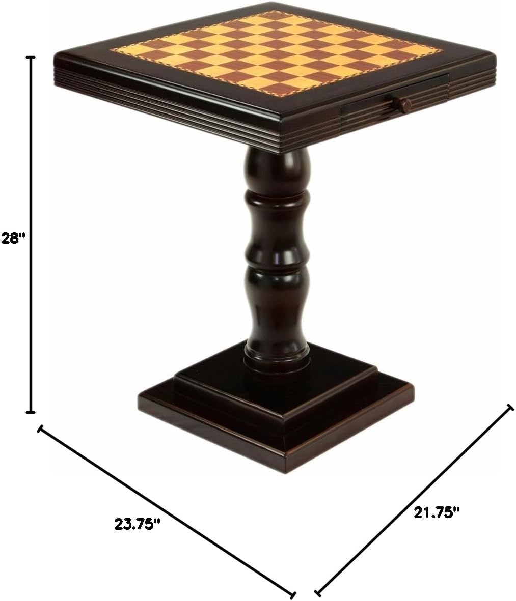 Wooden table with checkered surface and dimensions displayed