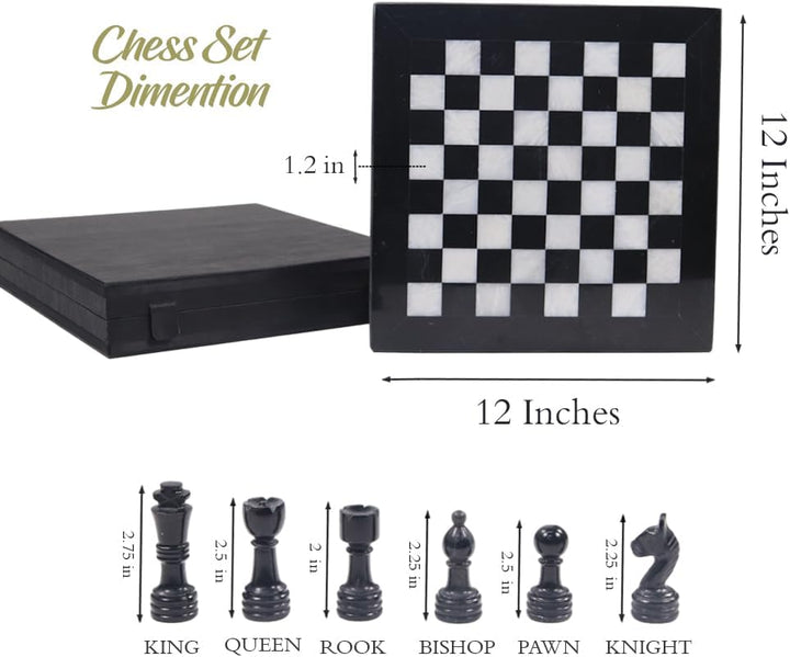 Handmade Marble Chess Set - 12" Board, 34 Hand-Polished Pieces, Storage Box