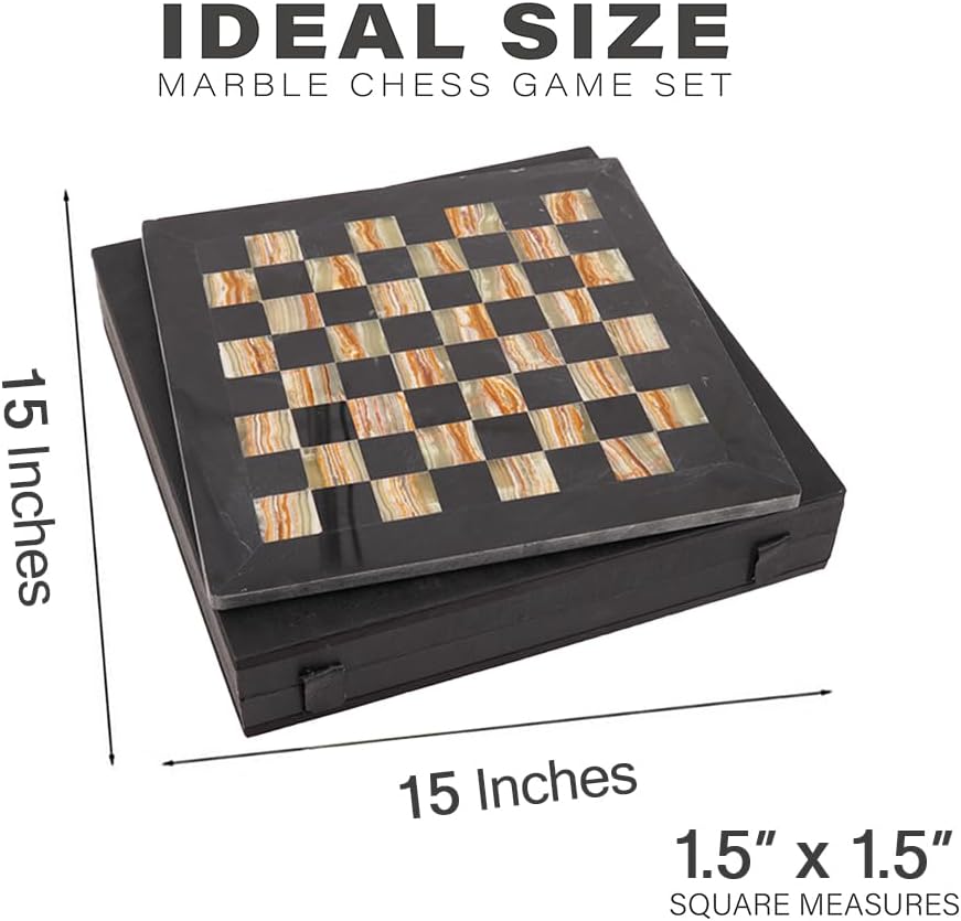 Handmade Marble Chess Set - 15" Board, 34 Hand-Polished Pieces, Storage Box