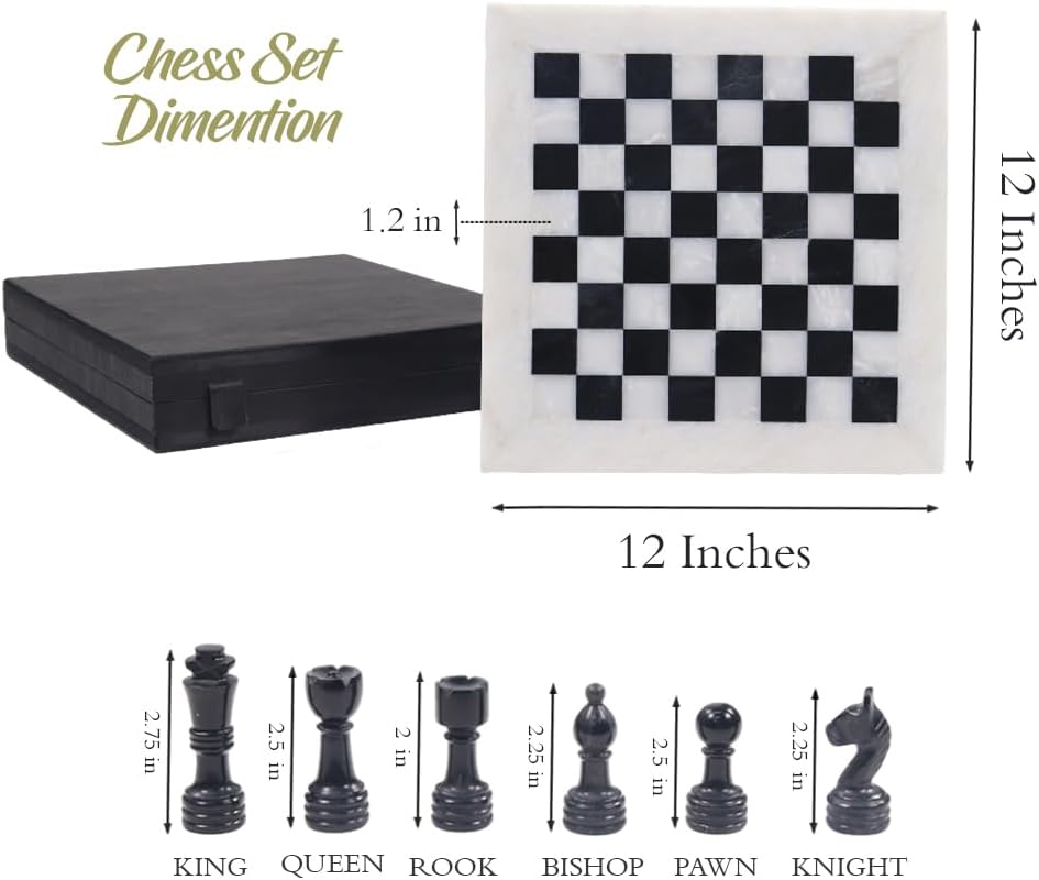 Handmade Marble Chess Set - 12" Board, 34 Hand-Polished Pieces, Storage Box