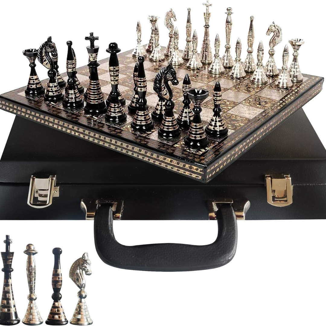 Solid Brass Metal Tribal Artwork Warli Luxury Chess Pieces & Board Set- 12"