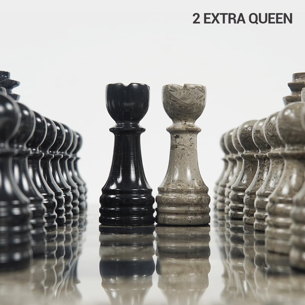 Handmade Marble Chess Set - 12" Board, 34 Handcrafted Pieces, Bonus Queens