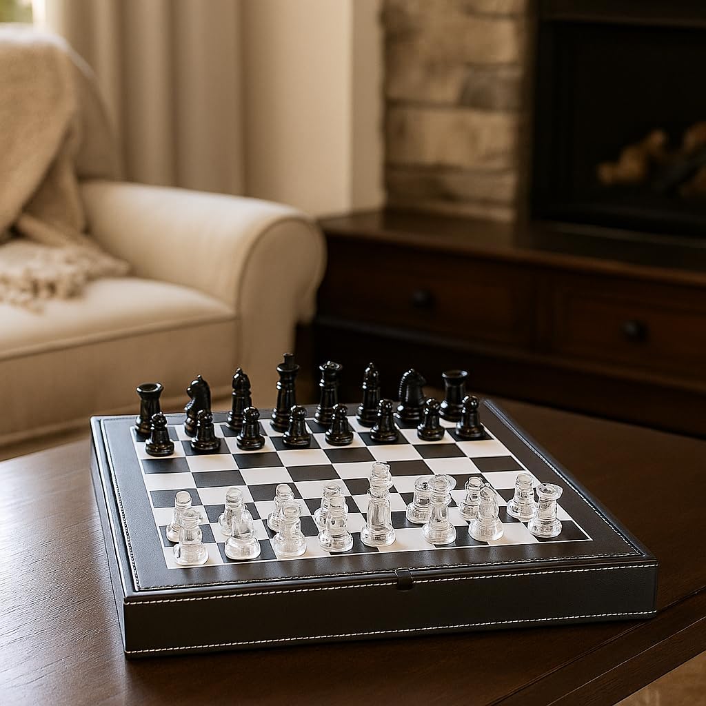 Luxury Glass Chess Set  Premium Leather Storage Case with 13.2” | Premium Gift