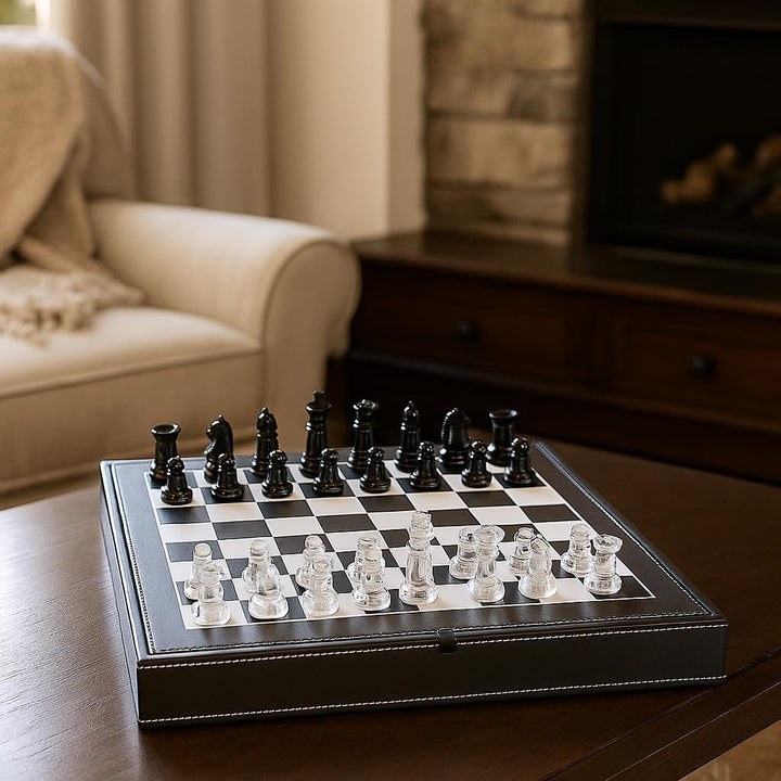 Luxury Glass Chess Set  Premium Leather Storage Case with 13.2” | Premium Gift