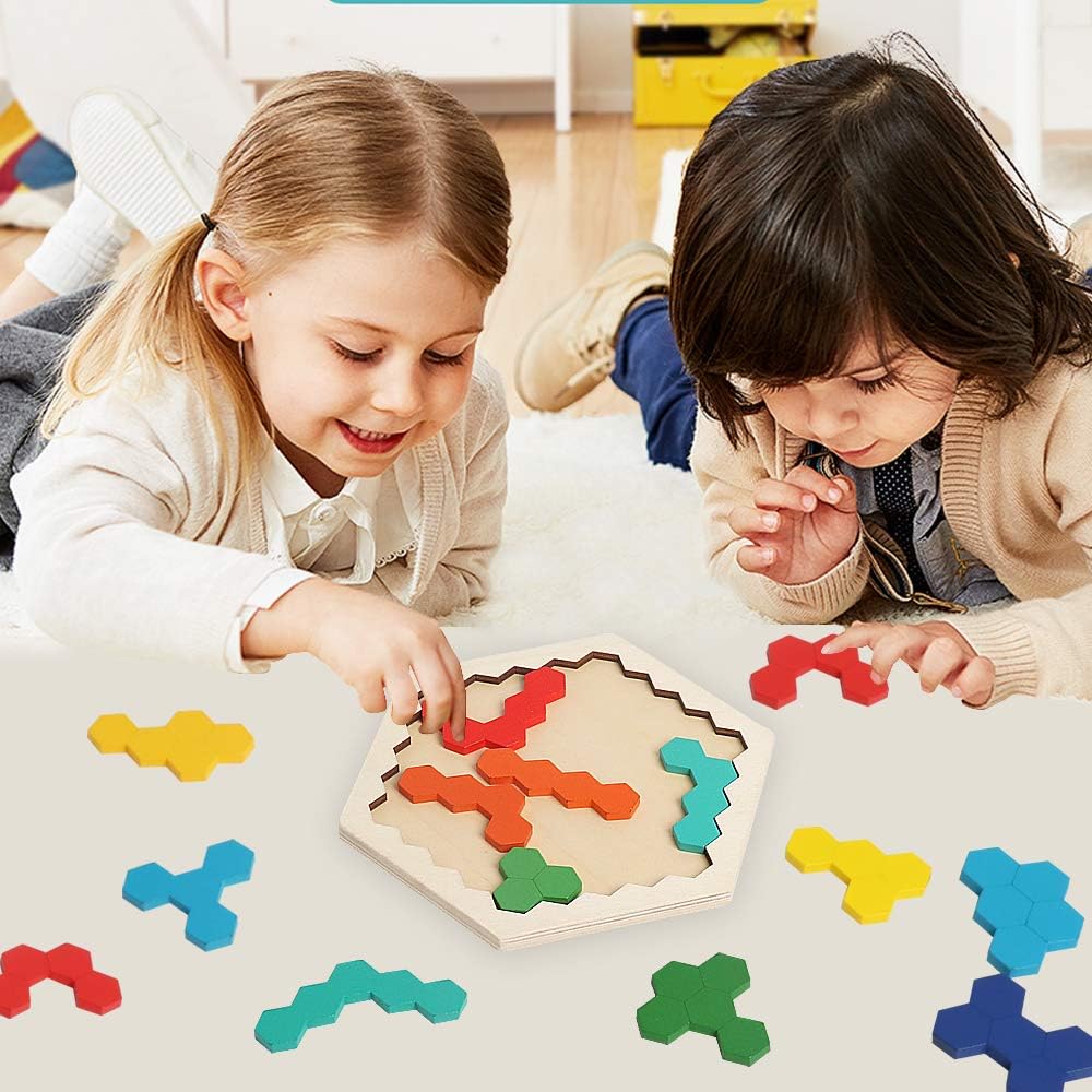 Wooden Blocks Puzzle for Kids Brain Teaser Hexagon Puzzles