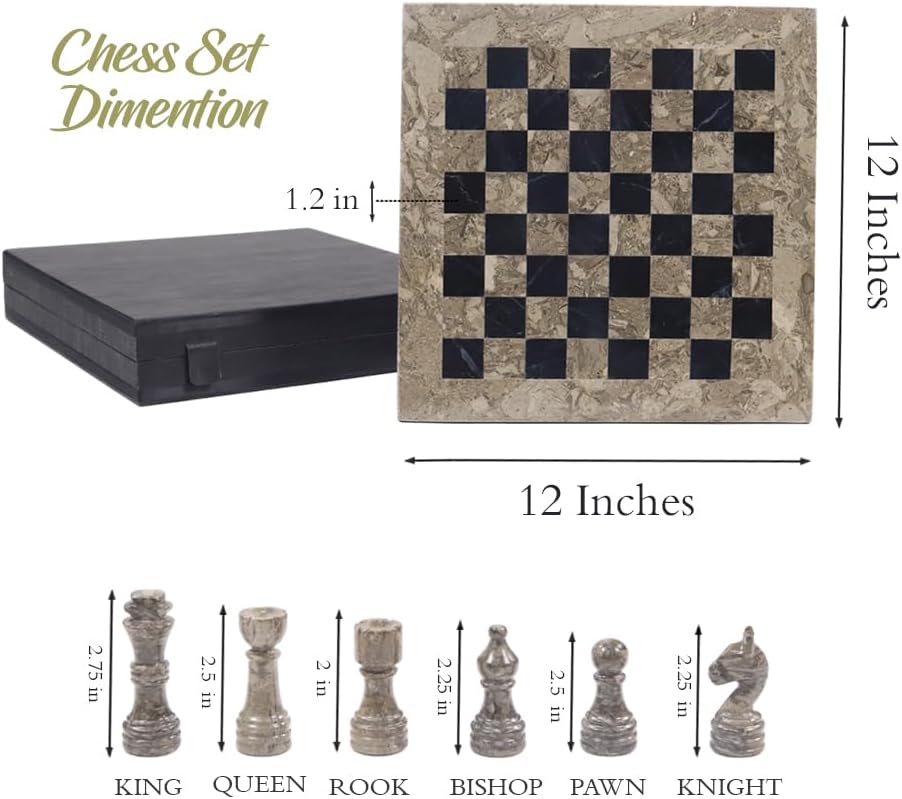 Handmade Marble Chess Set - 12" Board, 34 Handcrafted Pieces, Bonus Queens