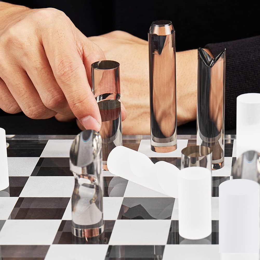 Luxury Chessboard & Pieces: Smoke & Frost Acrylic for Home Decor