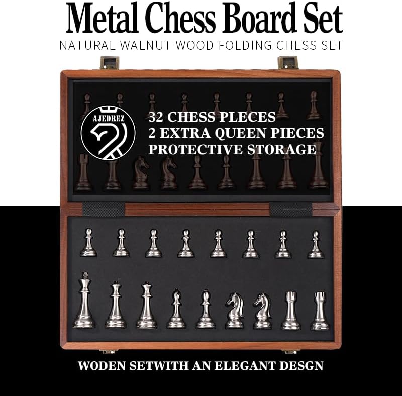 15 Inch Walnut Magnetic Chess Board Metal Set