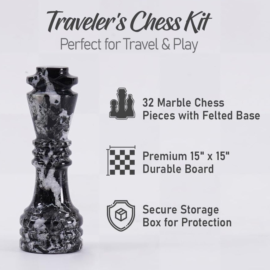 Traveler's Chess Kit with marble chess pieces and felted base on a white background