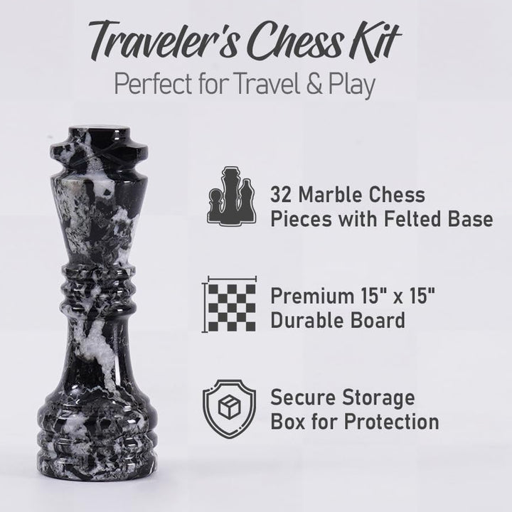 Traveler's Chess Kit with marble chess pieces and felted base on a white background