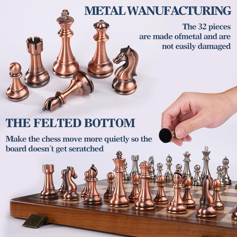 15 Inch Walnut Magnetic Chess Board Metal Set