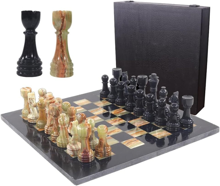 Handmade Marble Chess Set - 15" Board, 34 Hand-Polished Pieces, Storage Box