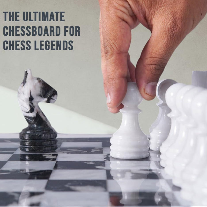Hand moving a chess piece on a chessboard with text about a chessboard for legends.