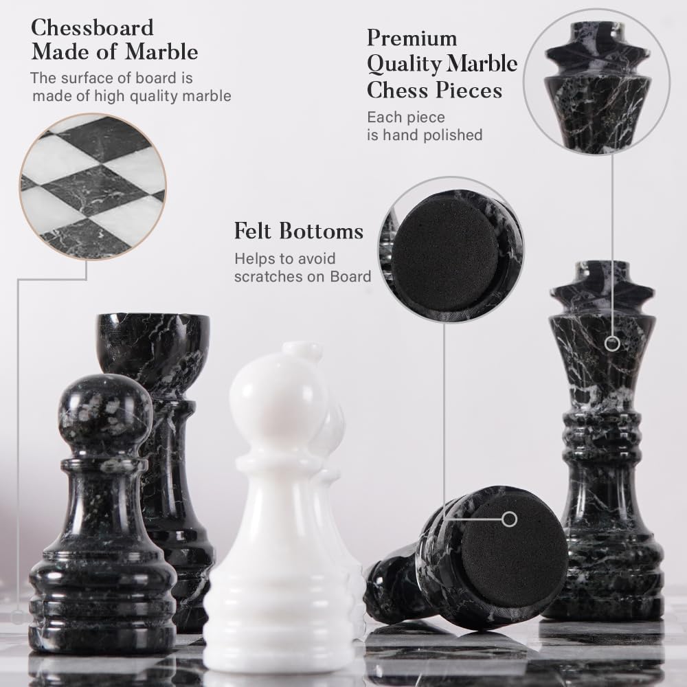 Classic Black & White marble Chess Set- 15" Board, 34 Hand-Polished Pieces, Storage Box