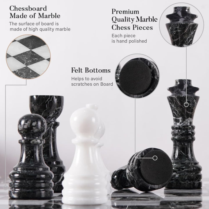 Classic Black & White marble Chess Set- 15" Board, 34 Hand-Polished Pieces, Storage Box